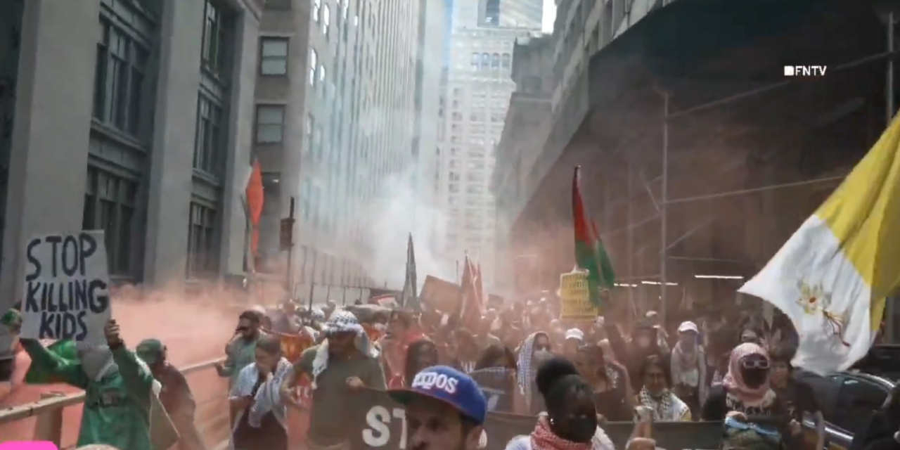 Banderas de Hamás y Hezbolá en manifestación pro palestina en Nueva York