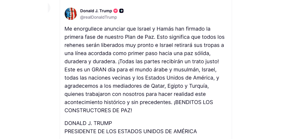 Trump: Se espera que los rehenes restantes sean liberados el lunes
