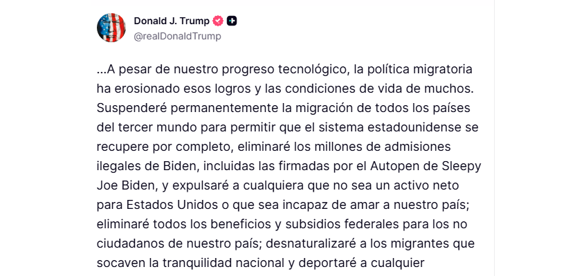 Trump dice que suspenderá toda la migración del «Tercer Mundo» tras la muerte de un soldado