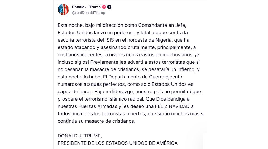 Trump lanza un «poderoso y letal ataque contra la escoria terrorista del ISIS» en Nigeria