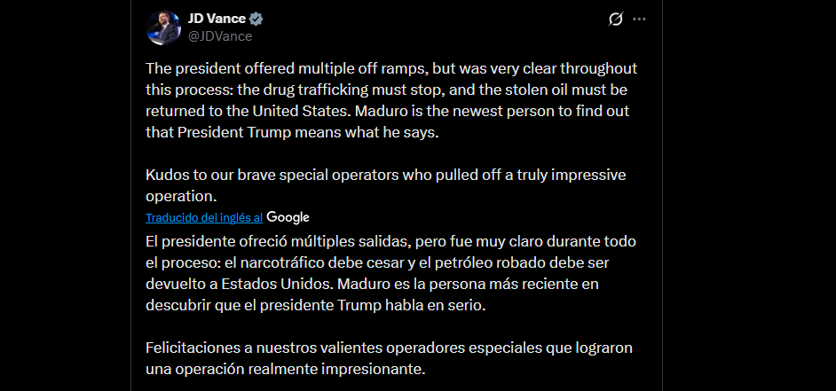 Vicepresidente de EE.UU, JD Vance: El arresto de Maduro demuestra que Trump «cumple lo que dice»