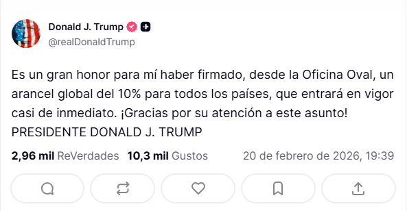 Trump firma una orden que impone un arancel global del 10 por ciento