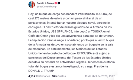 Trump: Estados Unidos interceptó un barco con bandera iraní cerca del estrecho de Ormuz que intentaba burlar el bloqueo.