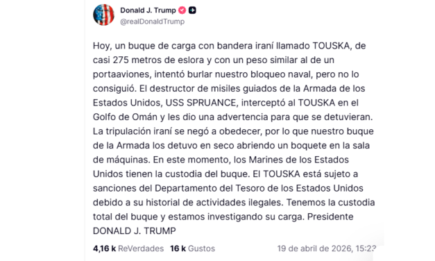 Trump: Estados Unidos interceptó un barco con bandera iraní cerca del estrecho de Ormuz que intentaba burlar el bloqueo.
