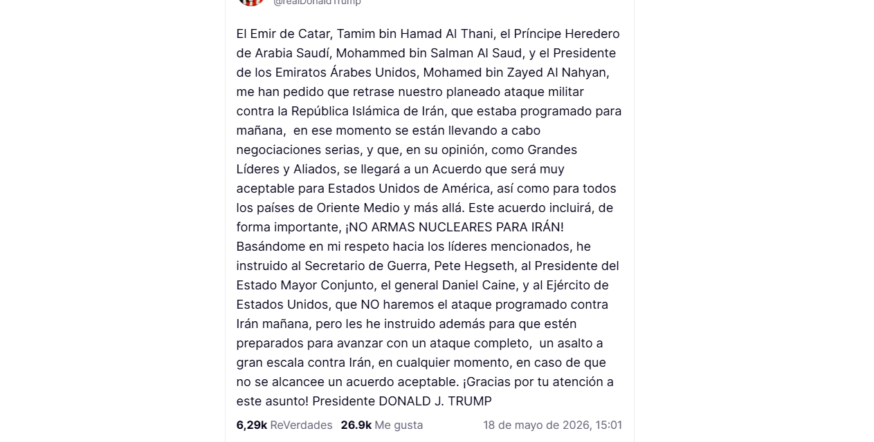 Trump afirma que el ataque planificado de Estados Unidos contra Irán se retrasó tras los llamamientos de los líderes del Golfo