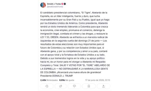 Trump vuelve a respaldar a Abelardo de la Espriella y llama “marxista” a Iván Cepeda