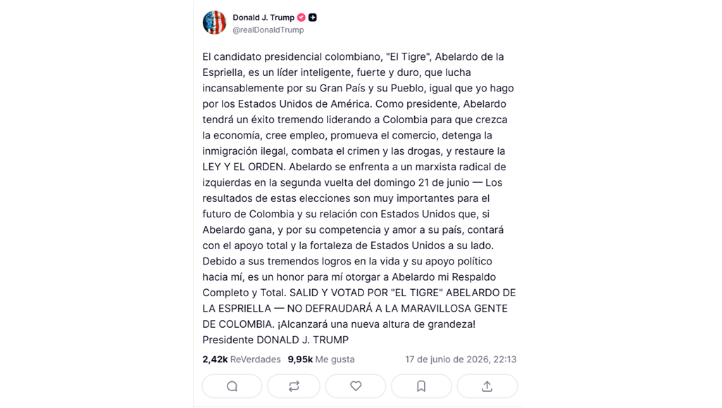 Trump vuelve a respaldar a Abelardo de la Espriella y llama “marxista” a Iván Cepeda