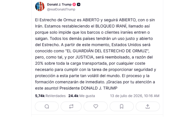 Trump: EE. UU. será reembolsado en un 20% por la carga enviada a través de Ormuz