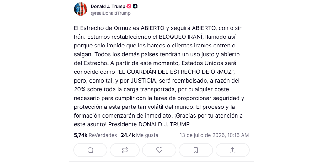 Trump: EE. UU. será reembolsado en un 20% por la carga enviada a través de Ormuz