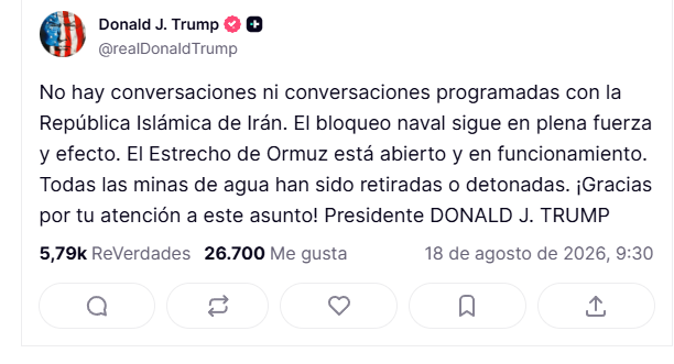 Trump: No hay conversaciones en curso con Irán; Hormuz está abierto.