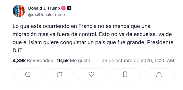 Trump culpa a los disturbios escolares franceses al Islam y a la migración